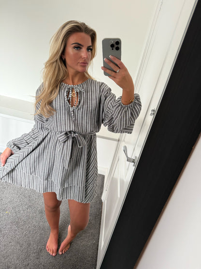 LINEN STRIPE MINI DRESS - BLACK