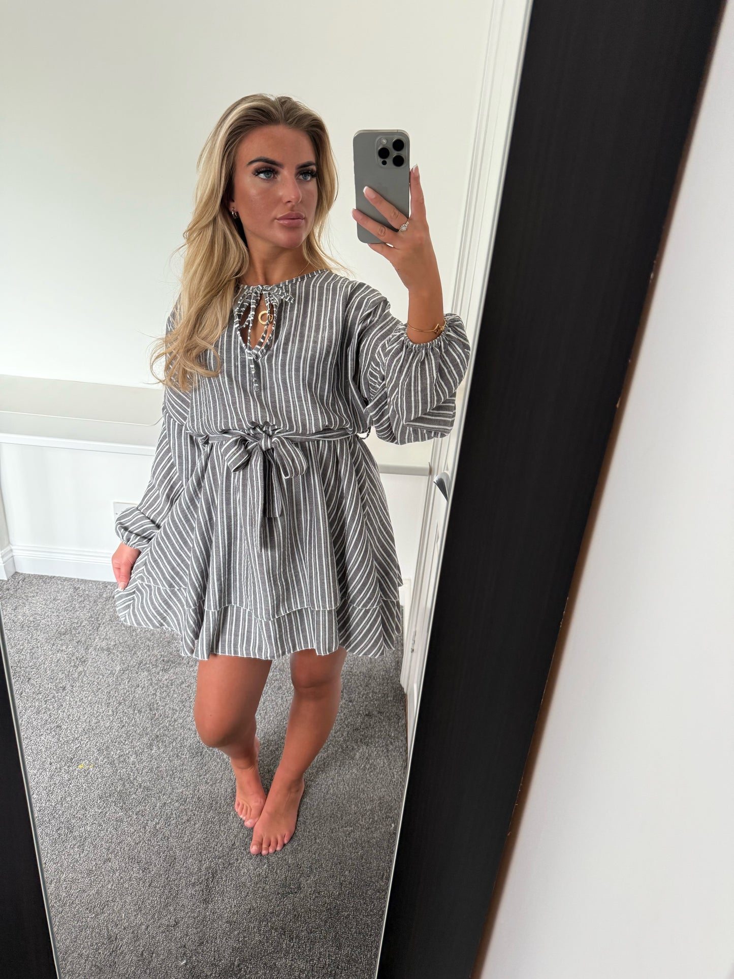 LINEN STRIPE MINI DRESS - BLACK
