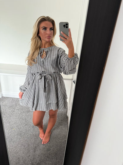 LINEN STRIPE MINI DRESS - BLACK