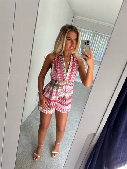 BACKLESS ZIGZAG PLAYSUIT - PINK