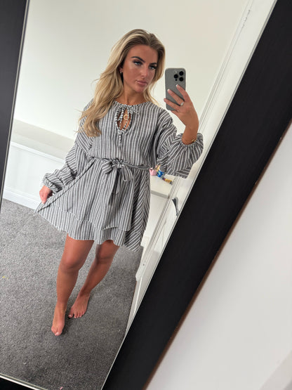 LINEN STRIPE MINI DRESS - BLACK