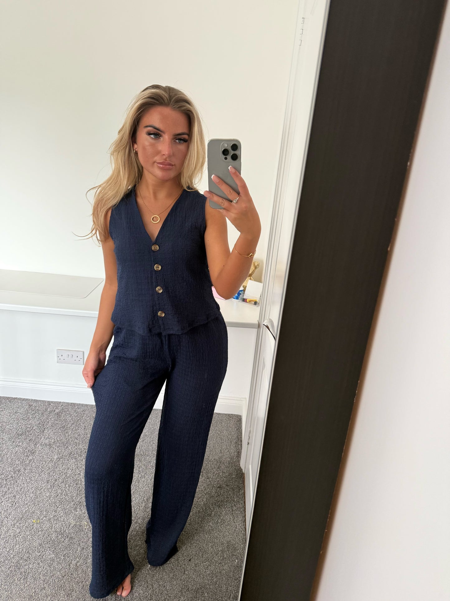WAFFLE WAISTCOAT SET - NAVY